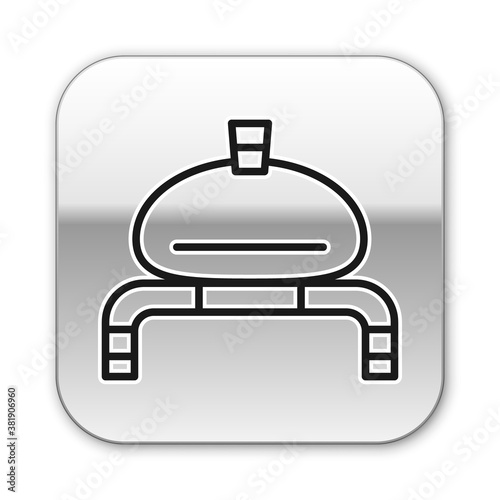 Black line Bread and salt on towel icon isolated on white background. National food loaf. Traditional ukrainian wedding bread. Silver square button. Vector.