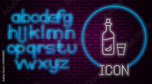 Glowing neon line Vodka with pepper and glass icon isolated on brick wall background. Ukrainian national alcohol. Neon light alphabet. Vector.