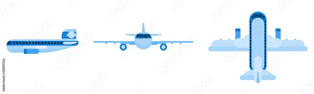 flat blue passenger plane. different angles. flat flat blue passenger plane. different angles. flat