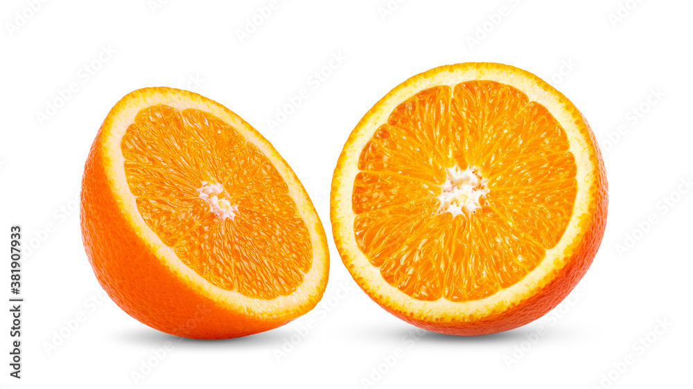 Ripe half of orange citrus fruit on white background Ripe half of orange citrus fruit on white background