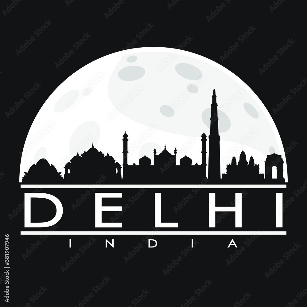 Delhi Full Moon Night Skyline Silhouette Design City Vector Art.