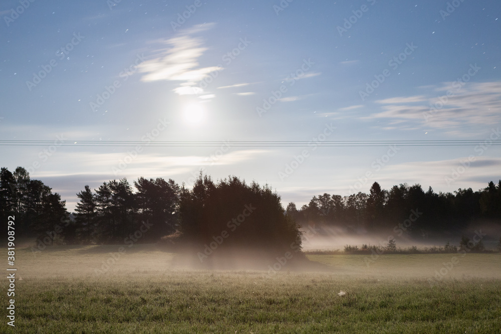 Foggy night and moonlight in countryside