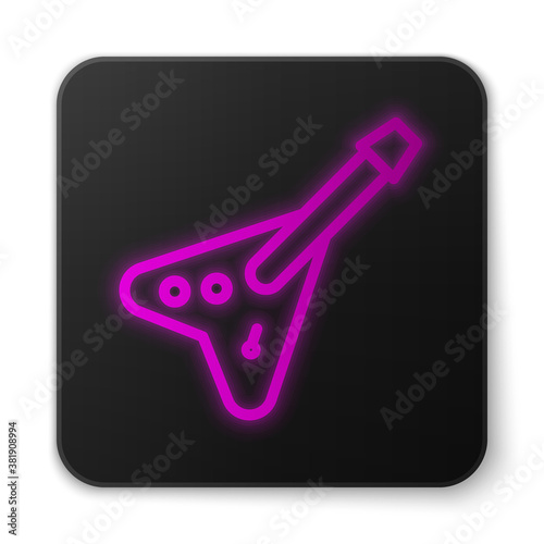 Glowing neon line Electric bass guitar icon isolated on white background. Black square button. Vector.