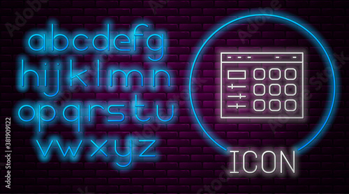 Glowing neon line Drum machine icon isolated on brick wall background. Musical equipment. Neon light alphabet. Vector.
