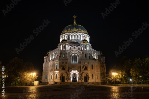 View of St. Nicholas Naval Cathedral in Kronstadt on a September night.