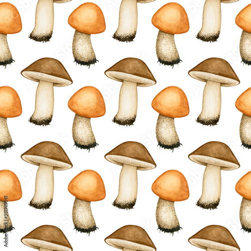 Seamless pattern with watercolor forest mushrooms. Orange cap boletus and porcini. Edible fungus, cooking ingredient. Hand drawn autumn background for wrapping paper, textile, package, scrapbooking