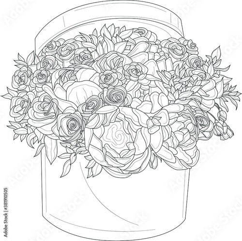 Realistic mix flower bouquet with roses, peony and leafs in box sketch template. Vector illustration in black and white for games, background, pattern, decor. Coloring paper, page, story book