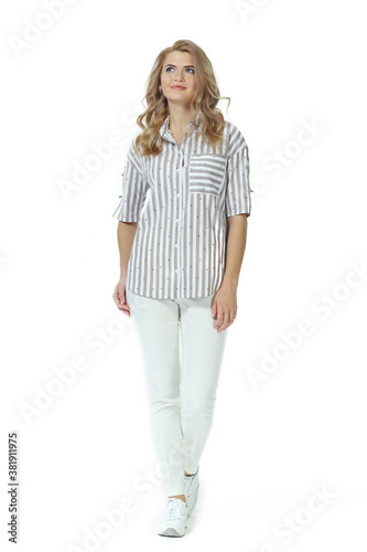 blond business woman in official formal clothes trousers and short sleeve striped blouse high heels shoes