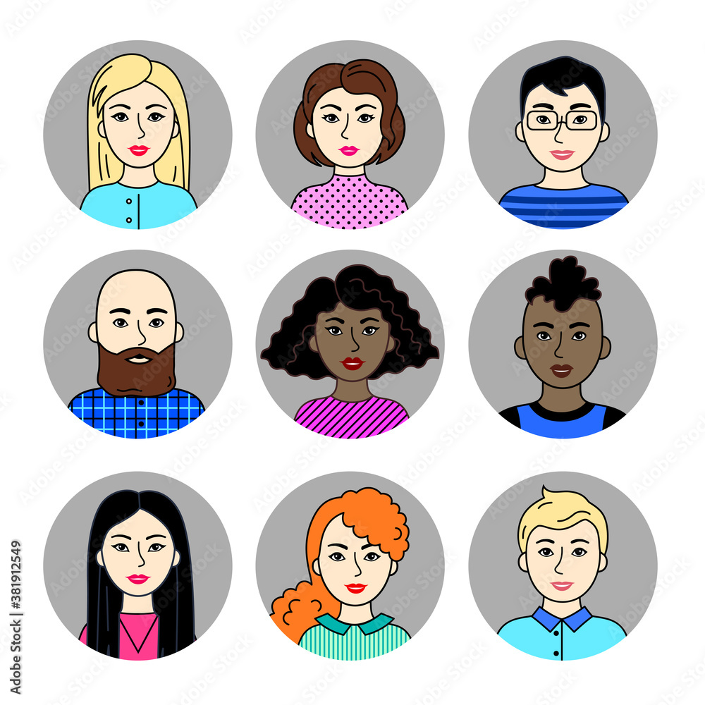 Men and women of different nations, skin and hair colors. Asian, European, African people, cartoon simple portraits. Multiethnic society. Collection of avatars. Set of vector flat pictograms. Men and women of different nations, skin and hair colors. Asian, European, African people, cartoon simple portraits. Multiethnic society. Collection of avatars. Set of vector flat pictograms.