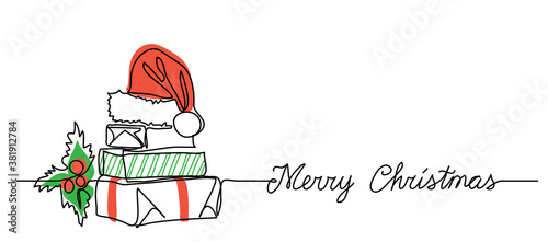 Xmas banner with gift box present package stack. One continuous line drawing with greeting text Merry Christmas. Simple illustration, background with gifts, holly berry and red santa hat.