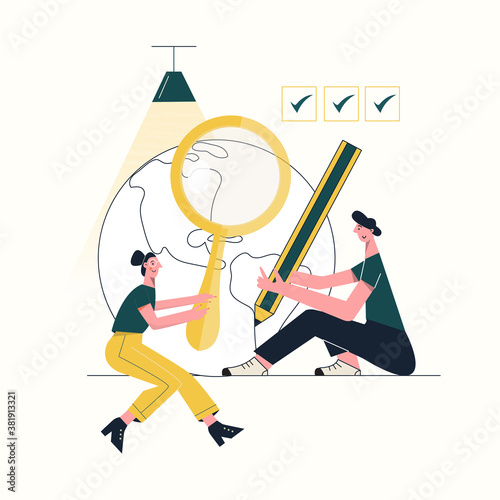 Fact check concept. Male and female characters checking Earth. True vs false flat vector illustration.  Myths and facts. Tiny people. Flat vector illustration isolated on white background