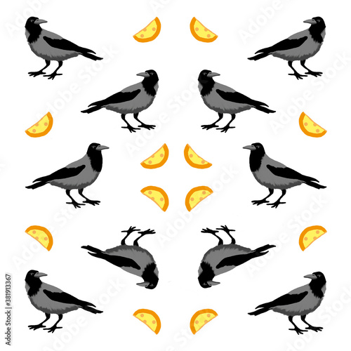 Seamless ornament pattern with gray crows and yellow-orange cheese