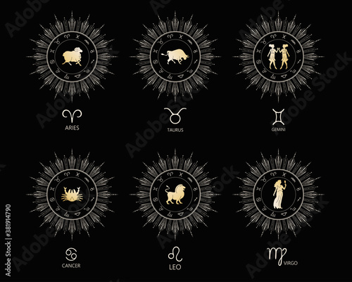 Set of zodiac signs. Aries, Taurus, Gemini, Cancer, Virgo, Leo.