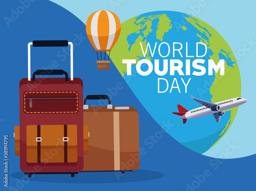 world tourism day lettering celebration with earth planet and set icons
