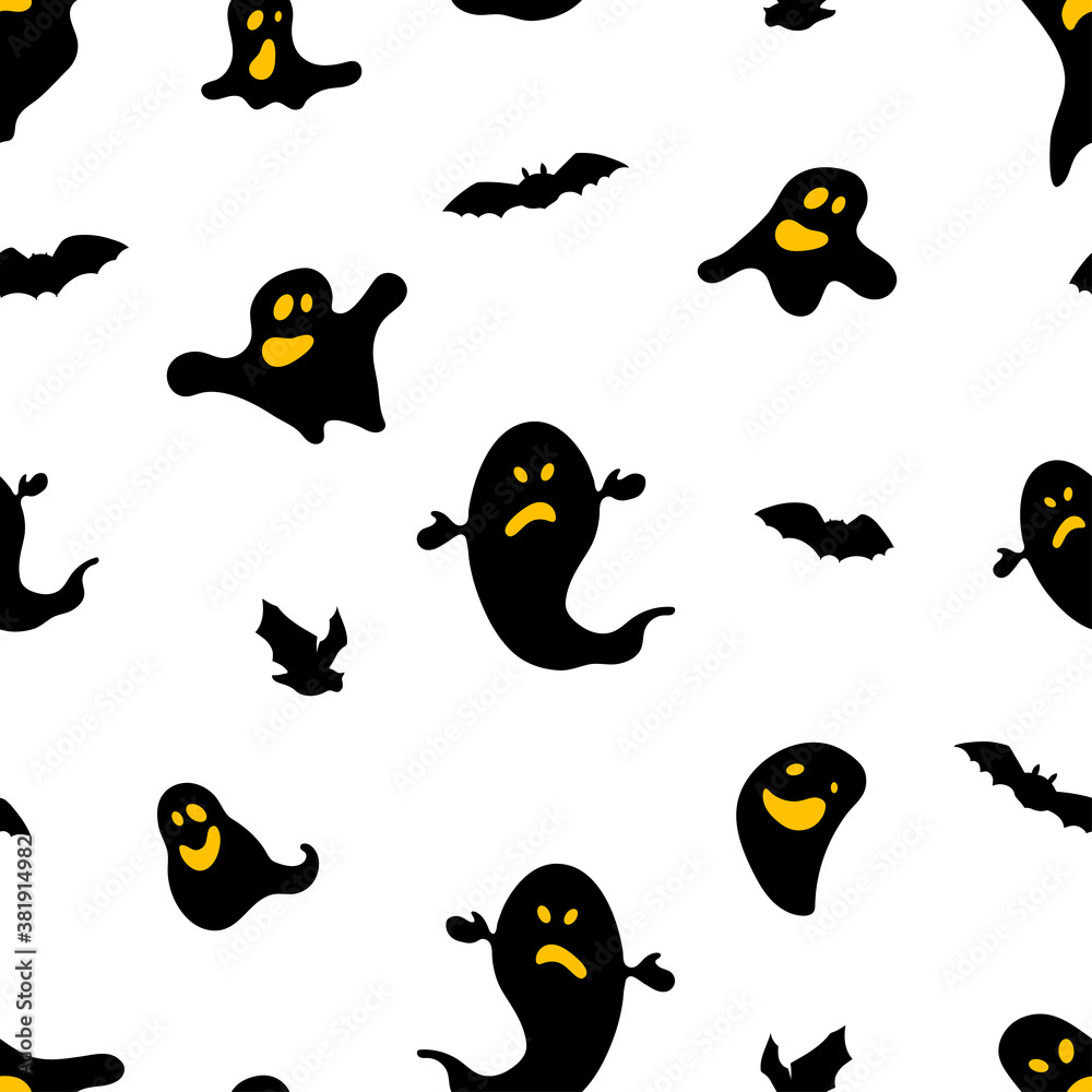 Seamless pattern with ghosts and flying bats on white background. Halloween design with holiday symbols silhouettes.