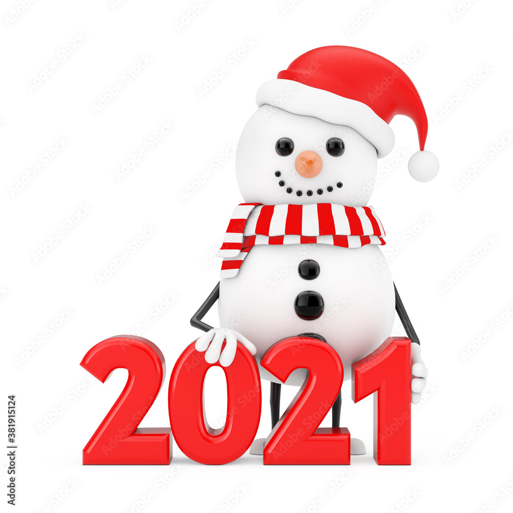 Snowman in Santa Claus Hat Character Mascot with New Year 2021 Sign. 3d Rendering Snowman in Santa Claus Hat Character Mascot with New Year 2021 Sign. 3d Rendering