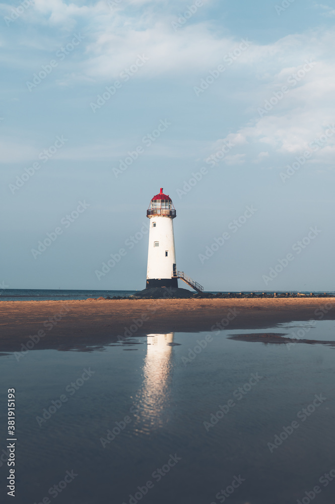 The Point of Ayr Lighthouse, also known as the Talacre Lighthouse, situated on the north coast of Wales, on the Point of Ayr, near the village of Talacre