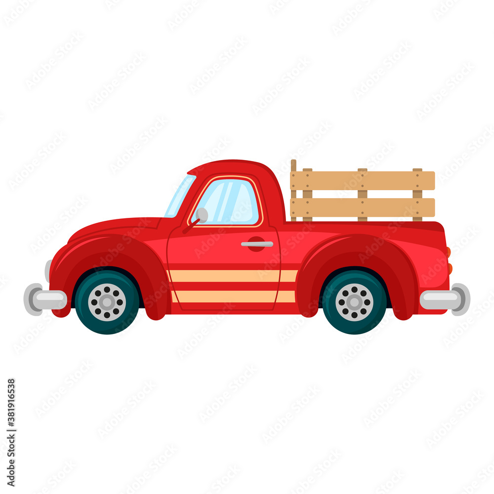 Old red farm pickup truck icon. Small commercial vehicle. Side view. Colored silhouette. Vector flat graphic illustration. The isolated object on a white background. Isolate. Old red farm pickup truck icon. Small commercial vehicle. Side view. Colored silhouette. Vector flat graphic illustration. The isolated object on a white background. Isolate.