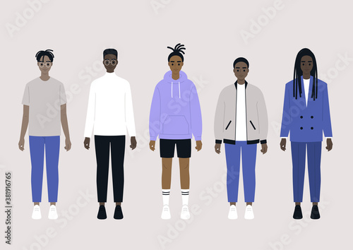 A set of young black male characters wearing different outfits: sport, casual and business
