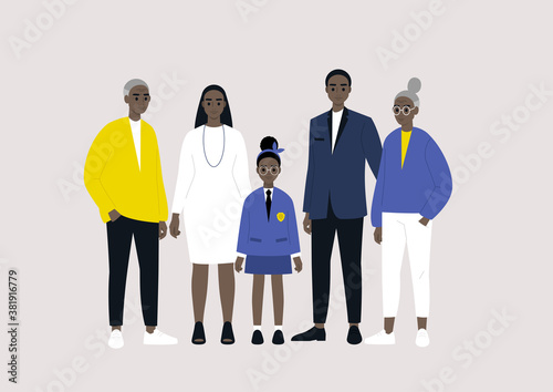 Three family generations: seniors, adults and kids, black characters gathered together, great parents, parents and children