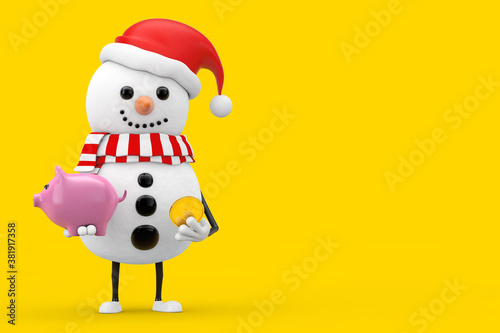 Snowman in Santa Claus Hat Character Mascot with Piggy Bank and Golden Dollar Coin. 3d Rendering