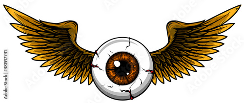 Tattoo design of a flying eyeball with wings.