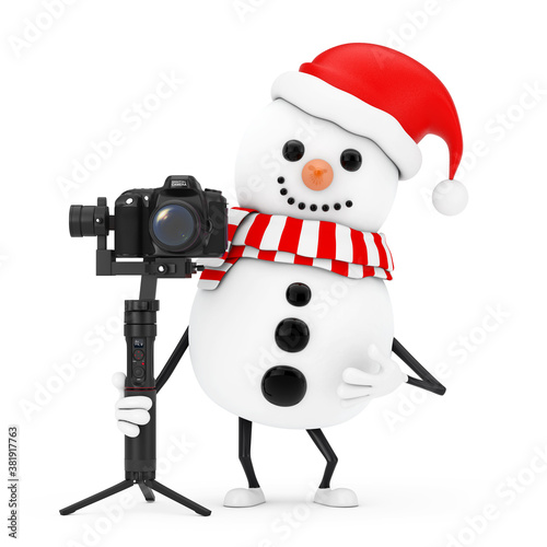 Snowman in Santa Claus Hat Character Mascot with Red Heart and DSLR or Video Camera Gimbal Stabilization Tripod System. 3d Rendering