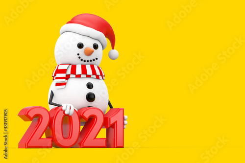 Snowman in Santa Claus Hat Character Mascot with New Year 2021 Sign. 3d Rendering