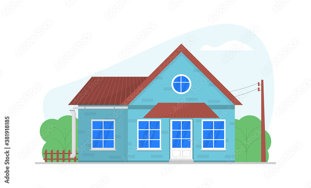 Cozy private house. Facade with big windows, door, brown roof. Village style. Building exterior. Home architecture. Electric pillar, wooden fence, green bushes. Real estate concept. Cozy private house. Facade with big windows, door, brown roof. Village style. Building exterior. Home architecture. Electric pillar, wooden fence, green bushes. Real estate concept.