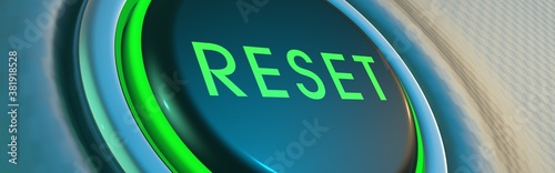 Green glowing reset button on metallic background. 3D rendering