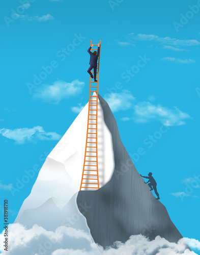 A man climbs to a  mountain peak in this 3-D image then goes even higher using a ladder. Illustrates over achievers who exceed expectations. photo