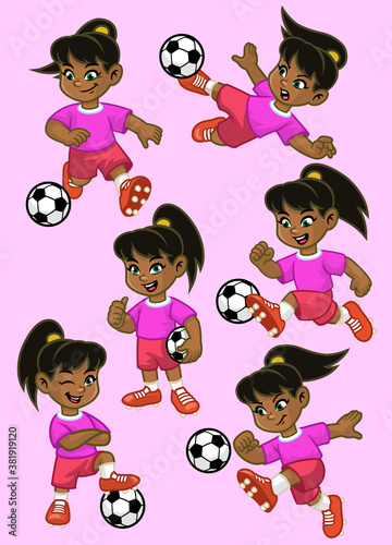 set cartoon of little girl soccer player