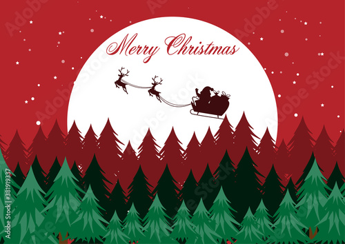 Christmas card, Santa and reindeer on a cart, vector illustration.