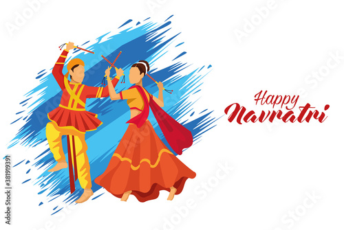 happy navratri celebration with dancers couple and lettering