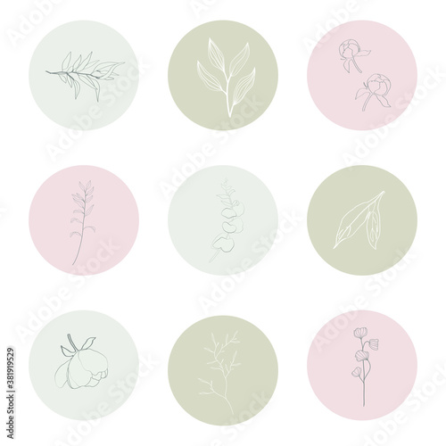 Instagram social media highlight cover icon. minimal vector floral elements, peony, branch, leaf, flower, in hand drawn outline line art style. Logo, symbol, for beauty, wedding, romance, nature