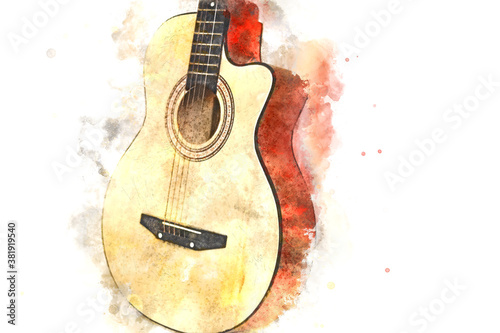 Fototapeta Naklejka Na Ścianę i Meble -  Abstract colorful Guitar in the foreground on Watercolor painting background and Digital illustration brush to art.