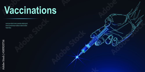 Vaccination. Preventive medicine polygonal illustration. Health care and protection. Medical treatment. Doctor hand holding syringe 3D mesh art. Low poly wireframe vector banner template. 