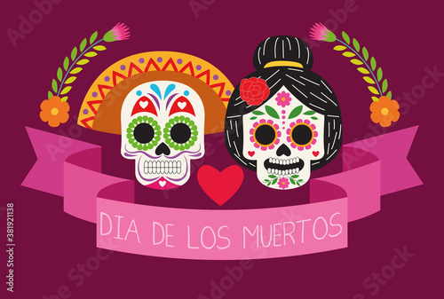 dia de los muertos celebration poster with skulls couple and ribbon