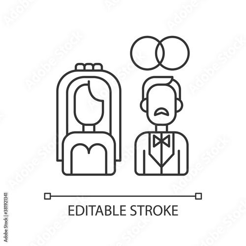 Wedding pixel perfect linear icon. Heterosexual relationship. Man and woman engagement ceremony. Thin line customizable illustration. Contour symbol. Vector isolated outline drawing. Editable stroke