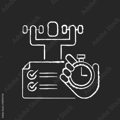 Physical abilities test chalk white icon on black background. Sports achivments. Time task. Sport skills testing. Measure physical capabilities. Isolated vector chalkboard illustration