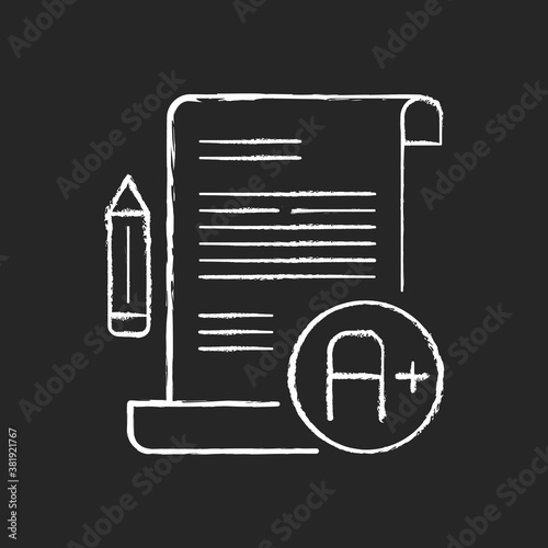 Essay examination chalk white icon on black background. Succesful result. Comprehensive exam. Highest grade. Pencil and paper. Writing testing. Isolated vector chalkboard illustration