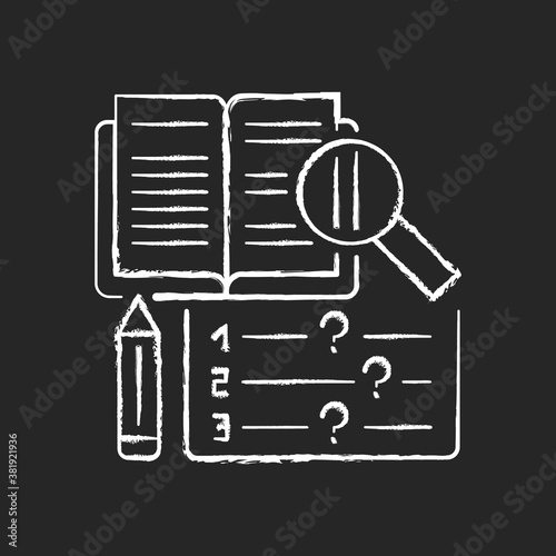 Reading examination chalk white icon on black background. omprehension practice tests. School and university education. Text and short answer. Isolated vector chalkboard illustration