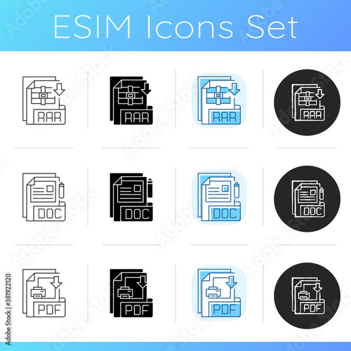 File types icons set. RAR. DOC. PDF. Word processing software. DOCX files. Text formatting and images, multimedia elements. Archiver. Linear, black and RGB color styles. Isolated vector illustrations