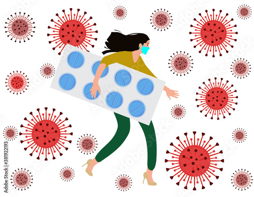 Treatment of disease concept.Woman wearing a mask and pills against a background of viruses.Cold treatment. Coronavirus.