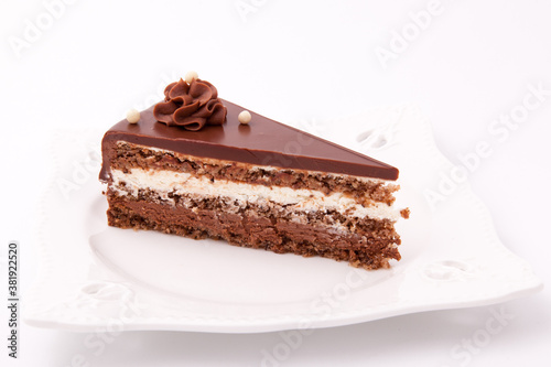 Piece of sweet and tasty chocolate cake on white plate