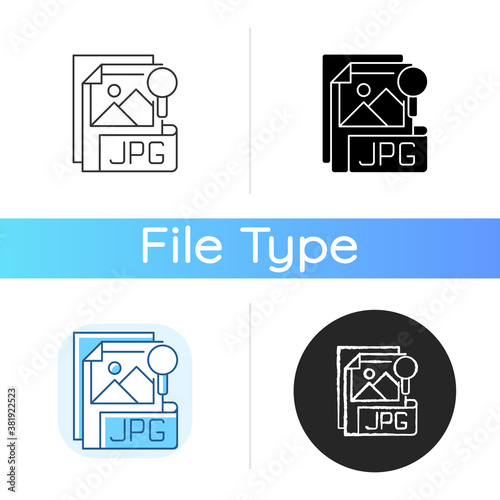 JPG file icon. Compressed image format. Digital images. JPEG. Lossless coding mode. Standardised lossy compression mechanism. Linear black and RGB color styles. Isolated vector illustrations