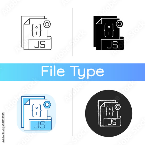 JS file icon. Source code file format. Websites creation and development. Programming language. HTML code. Web pages. Linear black and RGB color styles. Isolated vector illustrations