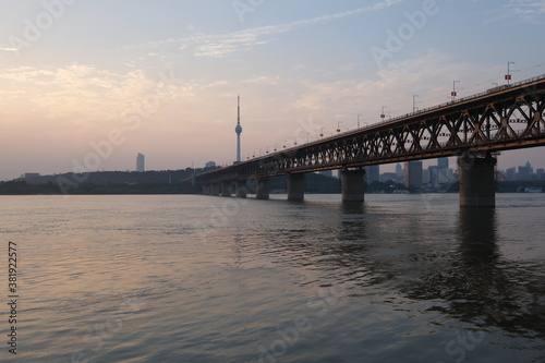 sunset of Wuhan Yangtze River Bridge. landmark of Wuhan,Hubei,China.