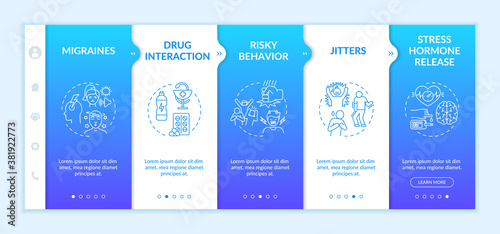 Energy drinks harmful side effects onboarding vector template. Migraines. Drug interaction. Jitters. Responsive mobile website with icons. Webpage walkthrough step screens. RGB color concept