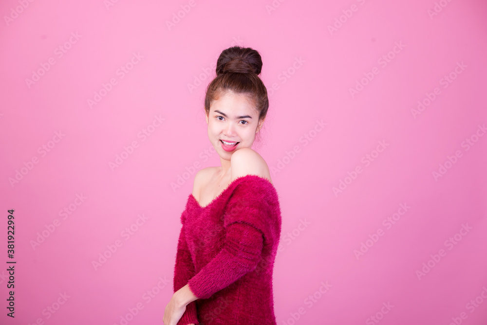 Portrait of beautiful asia young woman, on pink color background with copy space. Human face expressions, emotions feelings, body language,beauty and fashion concept. Portrait of beautiful asia young woman, on pink color background with copy space. Human face expressions, emotions feelings, body language,beauty and fashion concept.
